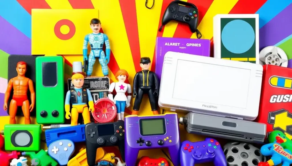 A collage of popular 90s toys, including action figures and game consoles, set against a vibrant 90s-themed background.