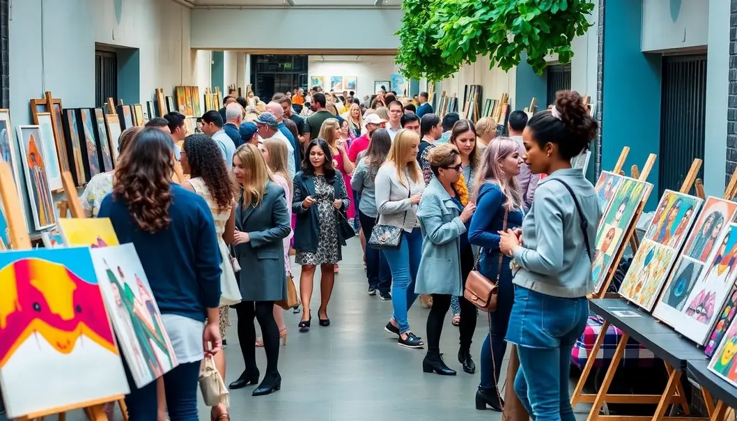 Fashion enthusiasts exploring a vibrant local art market.
