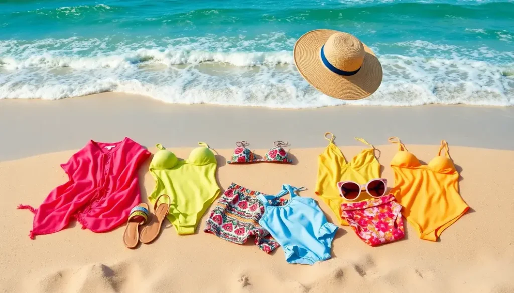 Various beachwear items displayed on sand with ocean waves in the distance.