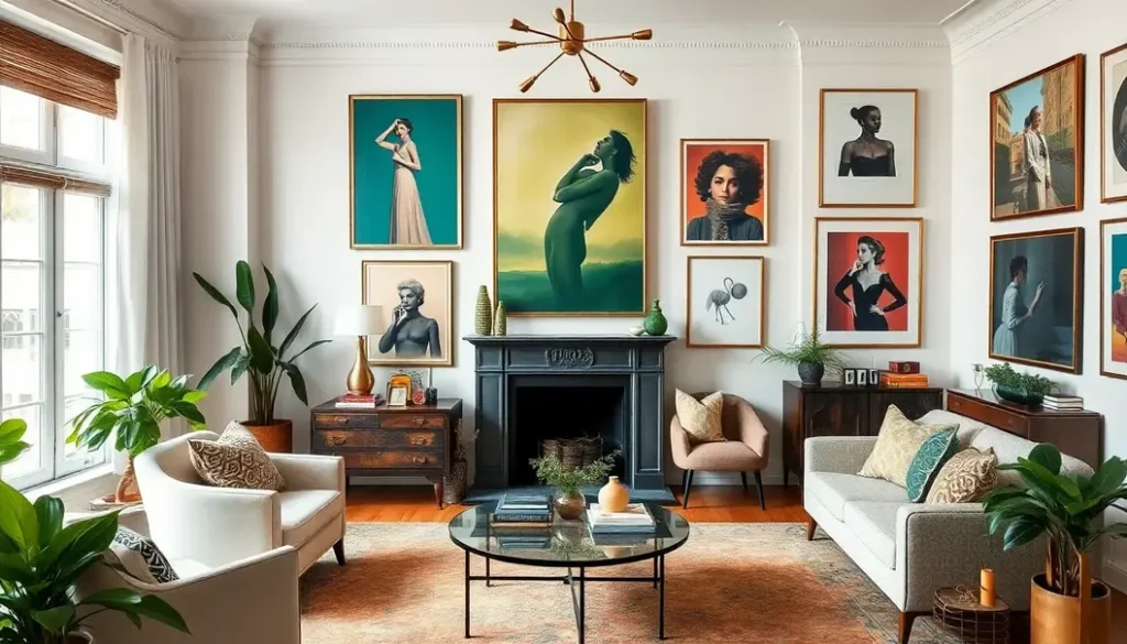A chic living room with stylish art on the walls, surrounded by fashionable decor.