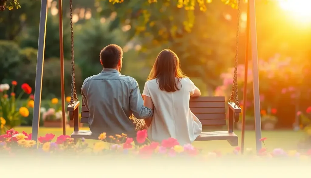 A couple sitting on a garden swing, surrounded by flowers and sunset light.